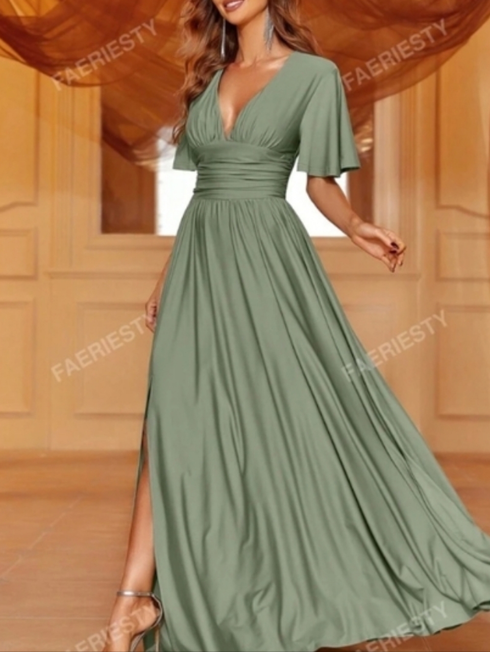 Elegant Floor Length Sage Green Maxi Dress with Side Slit